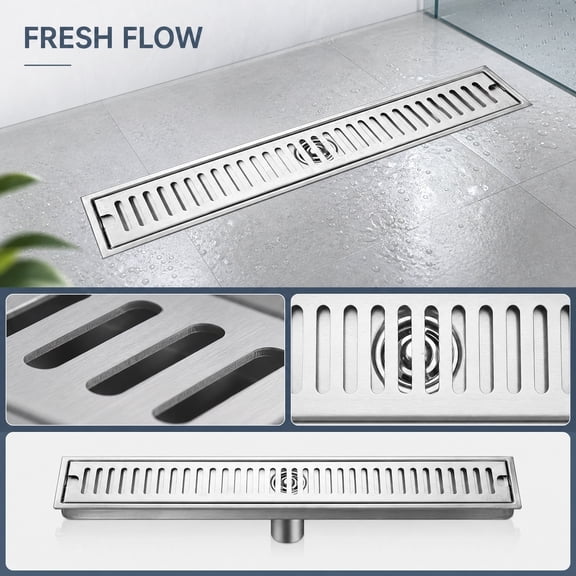 Linear Shower Drain 24 Inch Stainless Steel Bathroom Shower Drain with Strainer Tile Insert Drain for High Flow Waste Water Management, 1 Pack