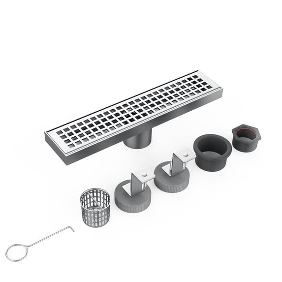 Linear Shower Drain, 304 Stainless Steel Rectangle Shower Floor Drain with Leveling Feet, Hair Strainer