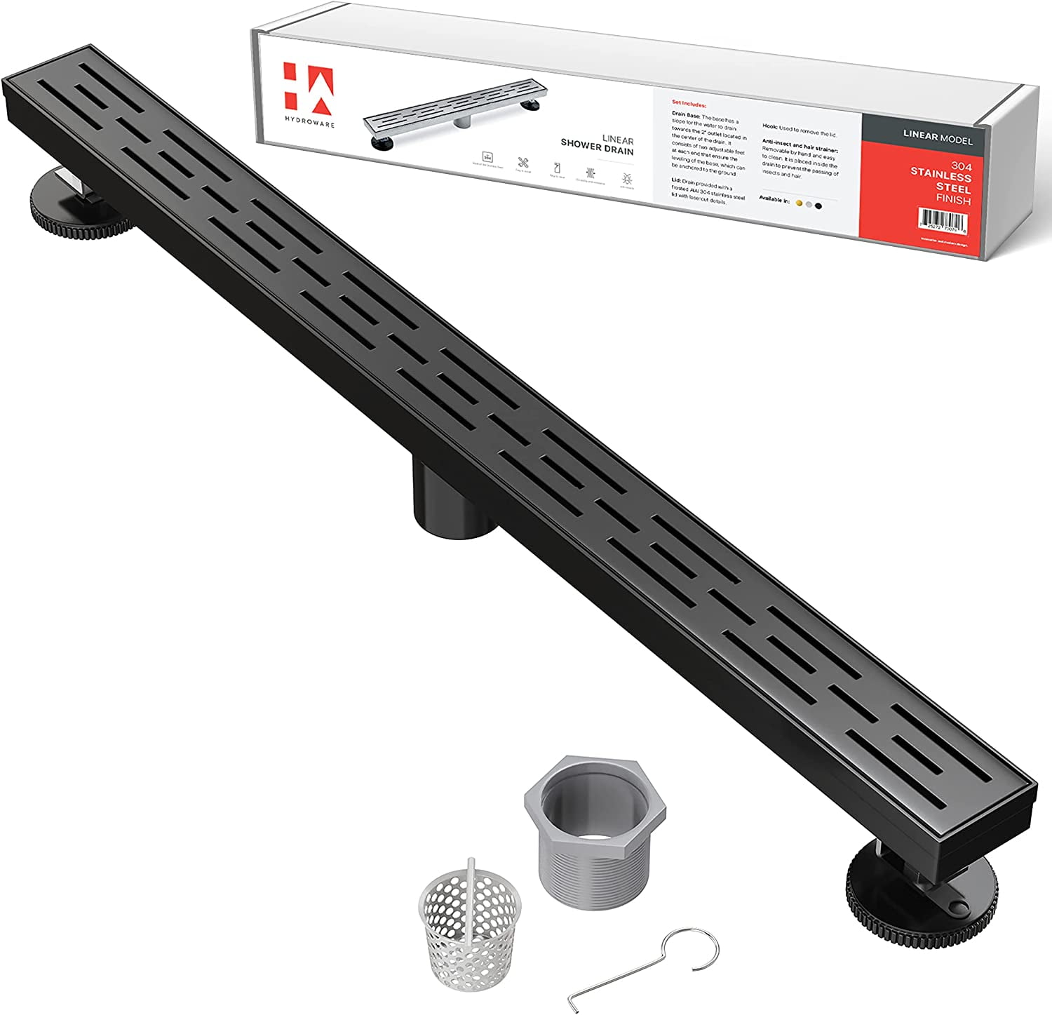 36" Matte Black Stainless Steel Linear Shower Drain with Strainer