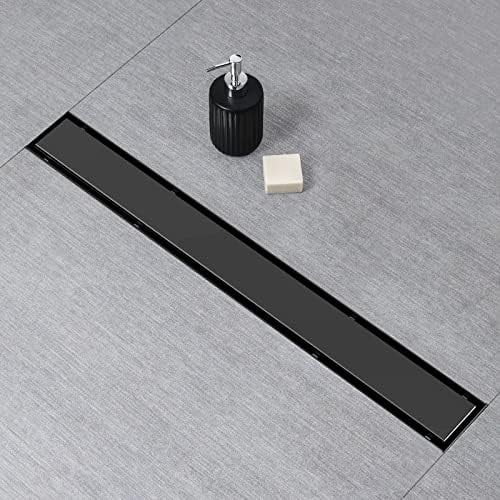 Linear Shower Drain, Black Shower Drain 54 inch with Flat & Tile Insert 2 in 1 Panel, 304 Stainless Steel Black Linear Drain with Hair Strainer, Leveling feet