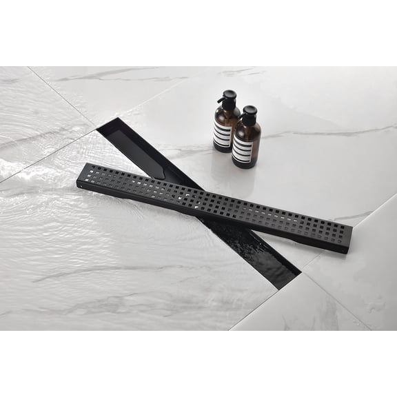 Linear Shower Drain with Removable Quadrato Pattern Grate, 304 Stainless Shower Drain Included Hair Strainer and Leveling Feet