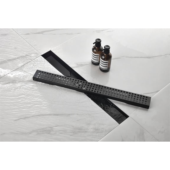 Linear Shower Drain with Removable Quadrato Pattern Grate, 304 Stainless Shower Drain Included Hair Strainer and Leveling Feet