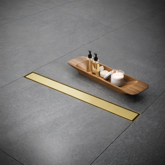 Linear Shower Floor Drain, Brushed Gold 18 Inch 304 Stainless Steel Bathroom Drains Kit, Rectangular Shower Trench Drain with Reversable Tile-in Pattern Drain Cover & Hair Catcher
