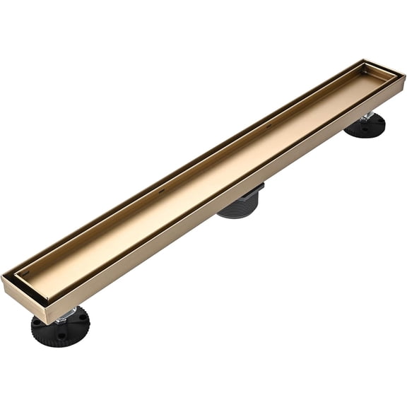 Linear Shower Floor Drain, Brushed Gold 24 Inch 304 Stainless Steel Bathroom Drains Kit, Rectangular Trench Drain with Reversable Tile-in Pattern Cover & Hair Catcher