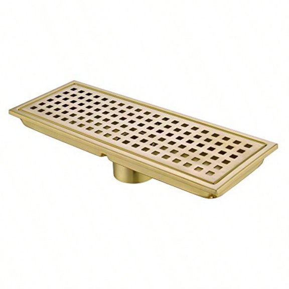 Linear Shower Floor Drain With Removable Cover Grid Grate 12 Inch Long Rectangle SUS 304 Stainless Steel Brushed Gold Brass Finished