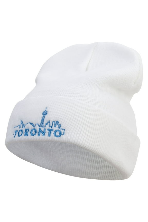 Linear Toronto Skyline Embroidered 12 Inch Long Knitted Beanie - White OSFM