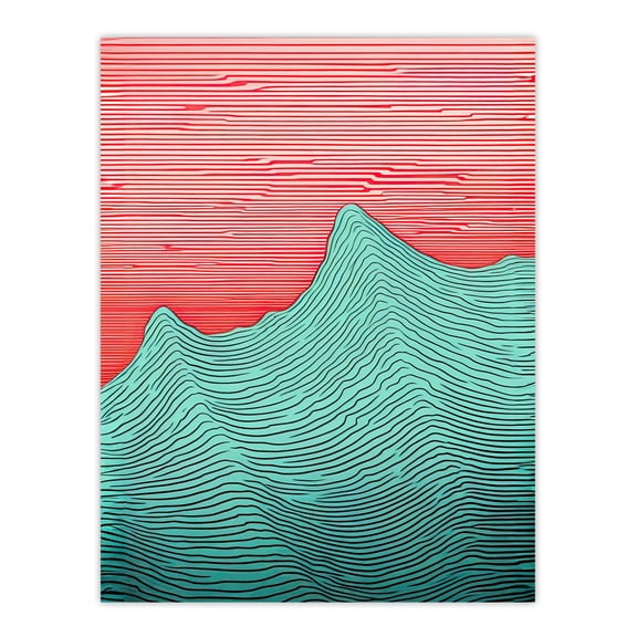 Linear Waves Abstract Line Drawing Sea Red and Turquoise Painting Unframed Wall Art Print Poster Home Decor Premium