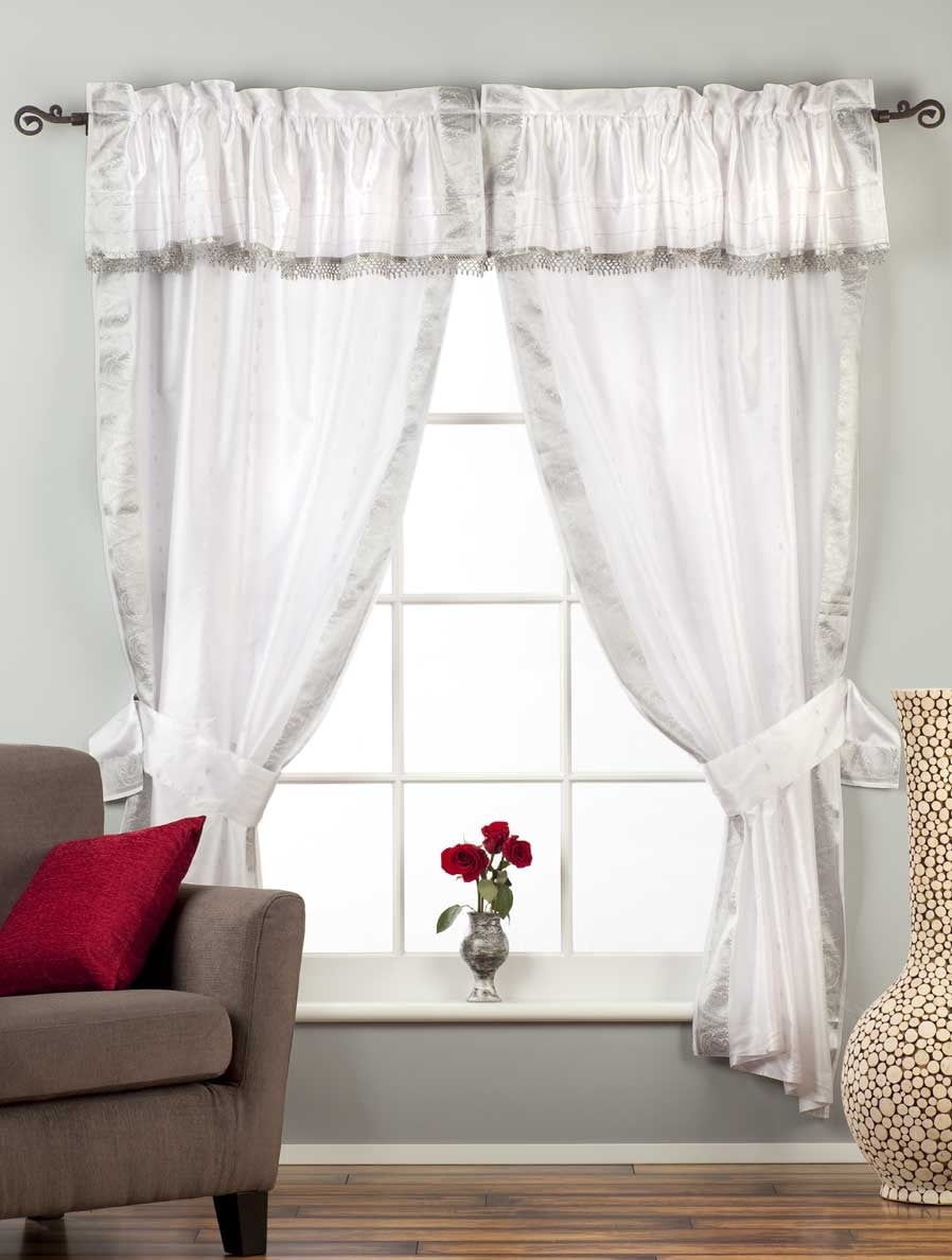 Lined 2 Gypsy Rod Pocket Curtains Beaded Valance 2 Tieback White SLV 60W X 120L