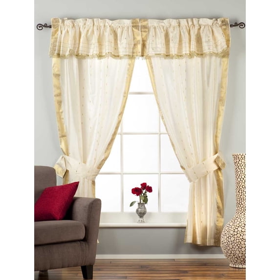 Lined 2 Gypsy Rod Pocket Curtains w/ Beaded Valance 2 Tiebacks Cream 80W X 63L