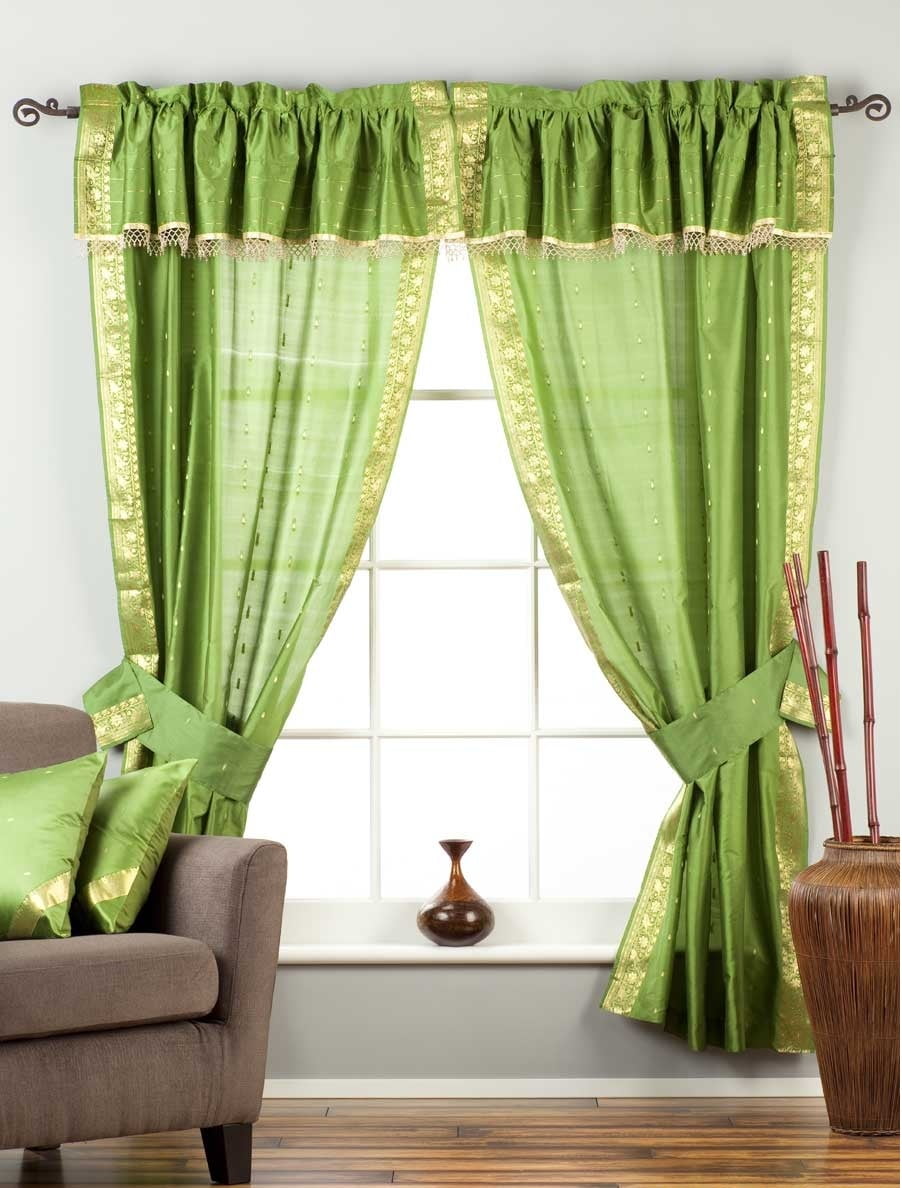 Lined 2 Gypsy Rod Pocket Curtains w/ Beaded Valance 2 Tiebacks Green 80W X 108L