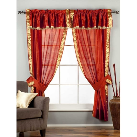 Lined 2 Gypsy Rod Pocket Curtains w/ Beaded Valance 2 Tiebacks Rust 43W X 108L