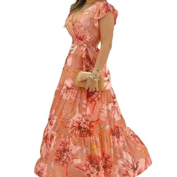 Lined Blue Printed Chiffon Dress