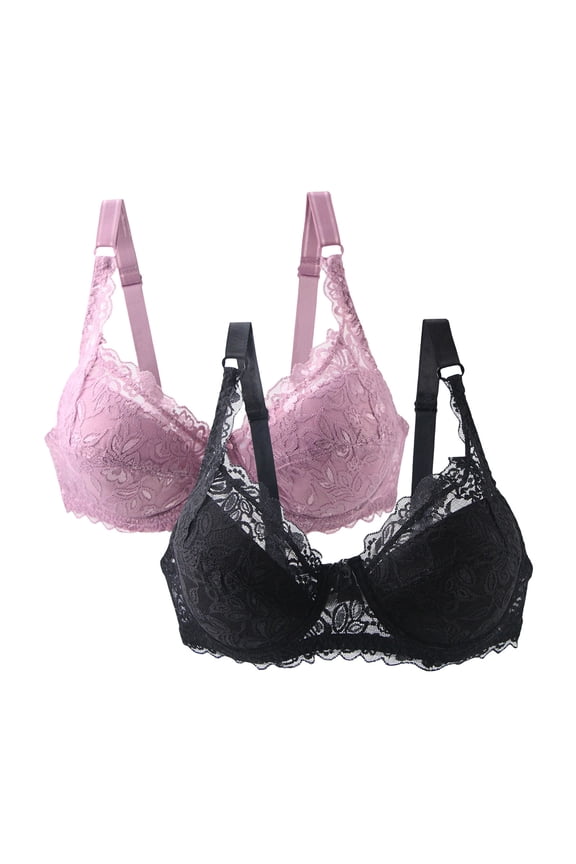 Lined Bras for Women New 2pc Everyday Bralette for Women Padded Lace Patchwork Wireless Bras Adjustable Strap Cozy Sleep Bra Underwear Style B-28 Pinky