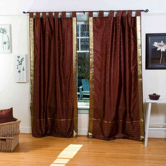 Lined-Brown Tab Top Sheer Sari Curtain / Drape / Panel - 43W x 120L - Pair