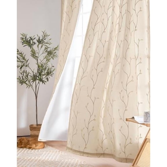 Lined Curtains Botanical Embroidered Sheers for Bedroom 84 Inch Length Embroidery Voile Leaf Curtains for Living Room Light Filtering Privacy Window Treatments 2 Panels Beige