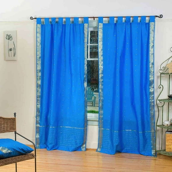 Lined-Enchanting Blue Tab Top Sheer Sari Curtain / Drape -43W x 84L-Piece