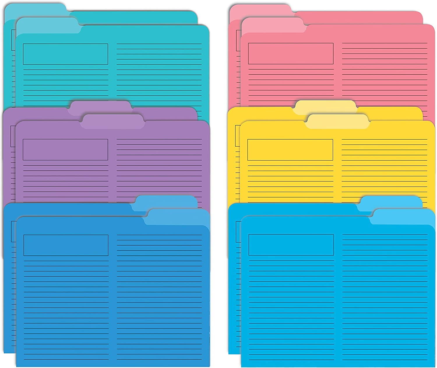 Lined File Folders, 12 Pack, Heavyweight, 1/3 Cut Tabs, 6 Vibrant ...