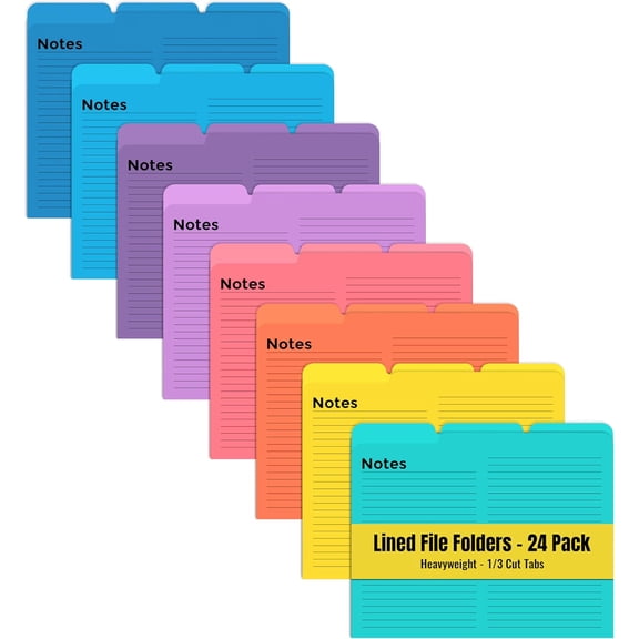 Lined File Folders, 24 Pack, Notes Tabbed File Folders, 1/3 Cut Tabs, 8 Vibrant Colors, Heavyweight, Letter Size Folders, 9.5" x 11.5", Left/Center/Right Set Per Color,