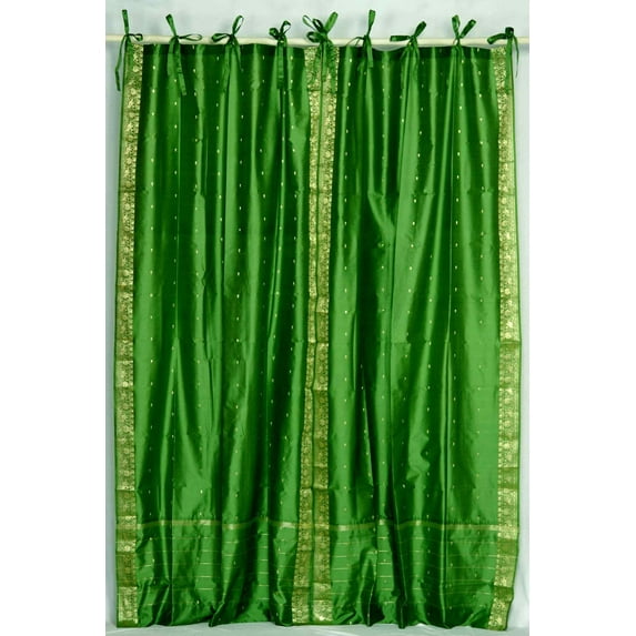 Lined-Forest Green Tie Top Sheer Sari Curtain / Drape - 60W x 96L - Pair