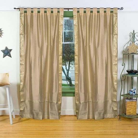 Lined-Golden Tab Top Sheer Sari Curtain / Drape / Panel - 60W x 108L - Pair
