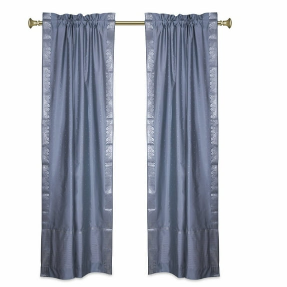 Lined-Gray Rod Pocket Sheer Sari Curtains w/ Silver Border -43W x 120L-Pair