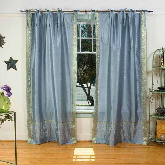 Lined-Gray Tie Top Sheer Sari Curtain / Drape / Panel - 43W x 63L - Pair