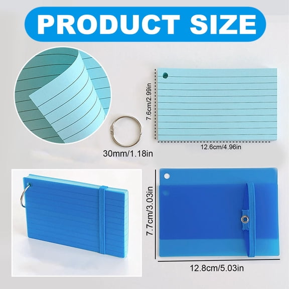 Lined Index Cards with Metal Ring Binder, Small Study Note Cards with PP Cover and Elastic Closure, Portable Flash Cards for Vocabulary and Daily Reminders, Colorful