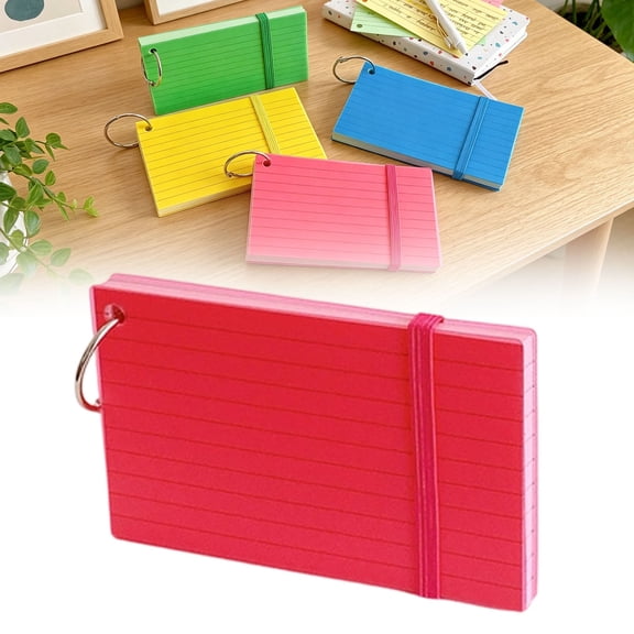 Lined Index Cards with Ring (Red) - 12.6x7.6cm Color Coded Study Note Cards with PP Cover and Elastic Band - Vocabulary Flashcards for Students, Teachers, and Office