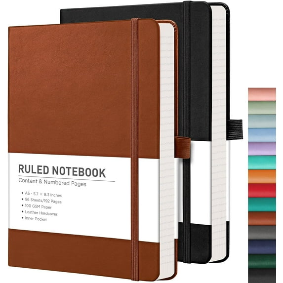 Lined Journal Notebook, 2-Pack, 192 Numbered Pages per Pack, A5 Medium Size (5.7'' x 8.3''), for Men & Women, Writing, Work, Leather Hardcover, 100 GSM Thick Paper (Black & Brown)