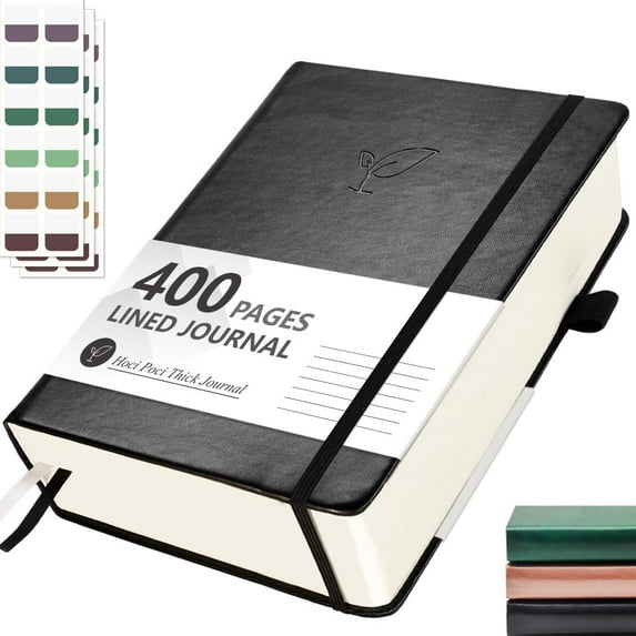 Lined Journal Notebook, 400 Pages Thick Journal for Writing, A5 Hardcover Leather Notebook with 100Gsm College Ruled Paper for Women Men Work Note taking, 5.8" x 8.4", Black