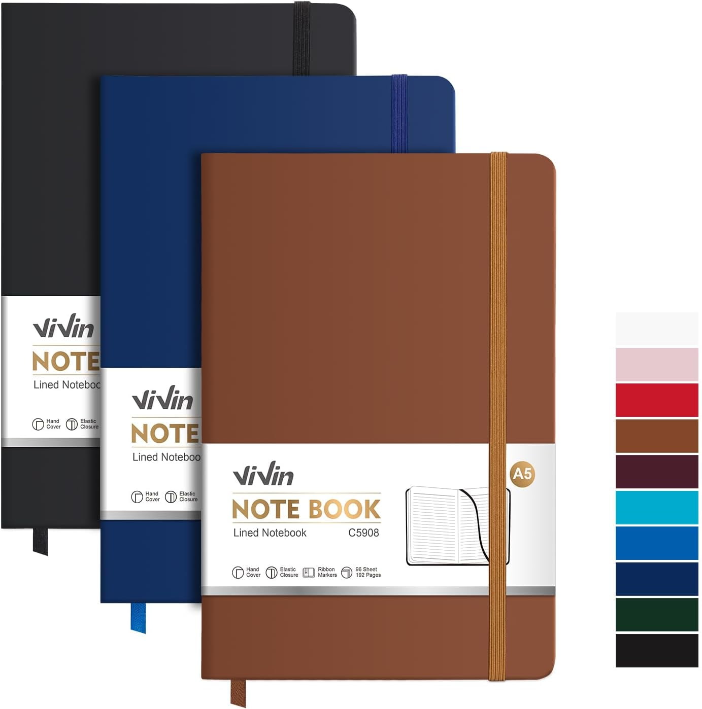 Lined Journal Notebooks, 3 Pack, (Black, Navy, Brown), 192 Pages, Medium 5.5 x 8.3 inch, College Ruled, A5 Hardcover Notebooks, Journaling Notebooks for Work, Writing, School