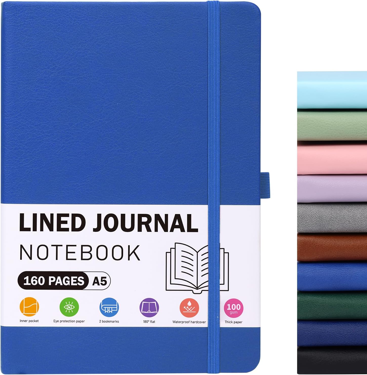 Lined Journaling Notebooks for Women Men, A5 100gsm Hardcover Notebook with Pen Loop, 160 Pages, 5.7" X 8.3", Notebook for Work, Student, Office, School (Royal Blue)