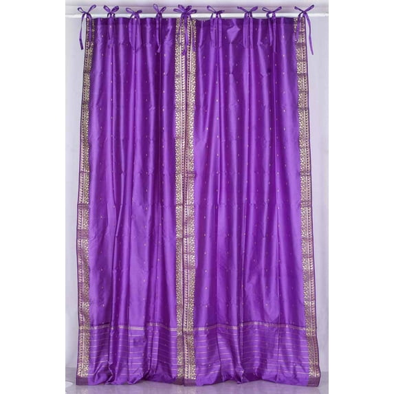 Lined-Lavender Tie Top Sheer Sari Curtain / Drape - 43W x 120L - Pair
