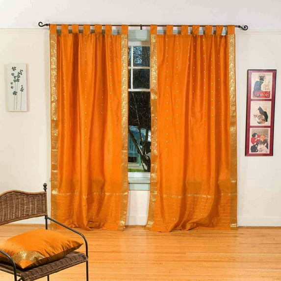 Lined-Mustard Tab Top Sheer Sari Curtain Drape Panel - 43W x 120L - Pair