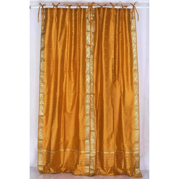 Lined-Mustard Tie Top Sheer Sari Cafe Curtain / Drape - 43W x 24L - Pair