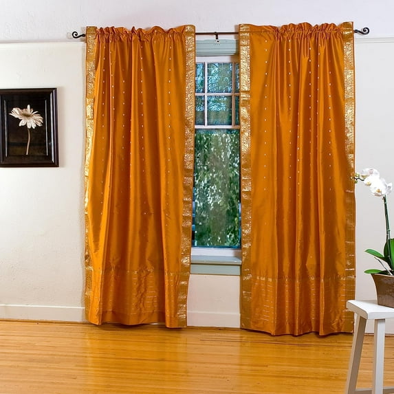 Lined-Mustard Yellow 84-inch Rod Pocket Sheer Sari Curtain Panel (India) - Pair
