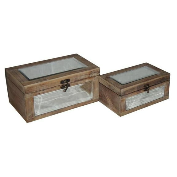 Lined Natural Brown Wood Box with Bevelled Mirror Top & Front - Set of 2
