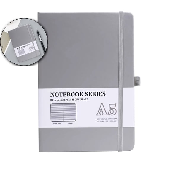 Lined Notebook Journal for Women Men 200 Pages A5 Hardcover Leather with Pen Holder, Journals for Work Note Taking Travel(Silver)