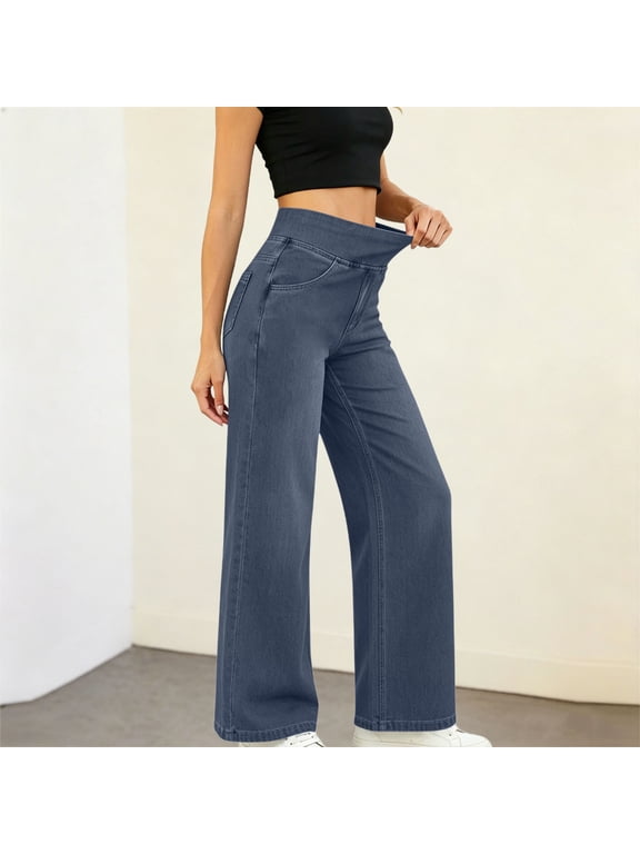 Lined Pants for Women Women's Pull-On Wide Leg Jeans High Waist Stretch Imitation Denim Legging Loose Fitting Casual Trousers for Everyday Wear Navy L