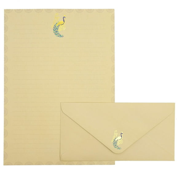 Lined Peacock Stationery Paper and Envelopes Set, Gold Foil (10.25x7.25 In, 48 Pack)