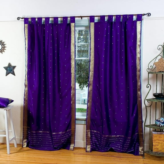 Lined-Purple Tab Top Sheer Sari Curtain / Drape / Panel - 43W x 84L - Piece