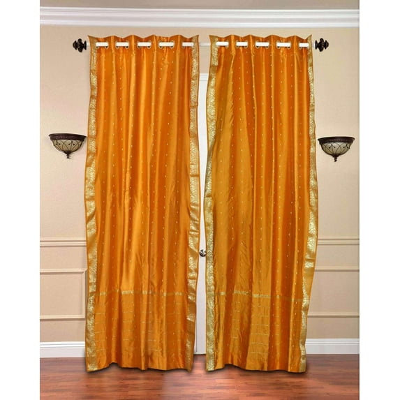 Lined Ring Top Sari Curtains 43" W X 36" L matching tiebacks- Handcrafted Mustard Indian Drapes with Lining, Offering Privacy and Insulation for Living Room/Bedroom/Dining Room, Sold in Pairs