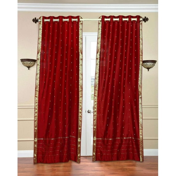Lined Ring Top Sari Curtains 43" W X 63" L matching tiebacks- Handcrafted Fire Brick Indian Drapes with Lining, Offering Privacy and Insulation for Living Room/Bedroom/Dining Room, Sold in Pairs