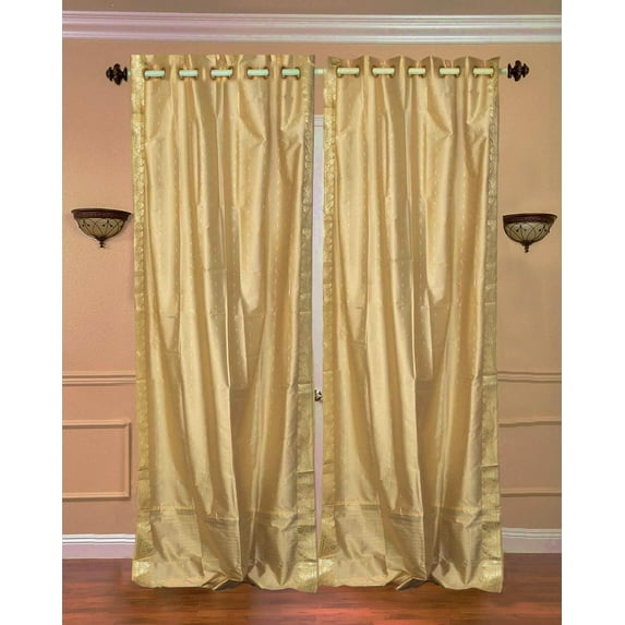 Lined Ring Top Sari Curtains 60" W X 84" L matching tiebacks- Handcrafted Gold Indian Drapes with Lining, Offering Privacy and Insulation for Living Room/Bedroom/Dining Room, Sold in Pairs