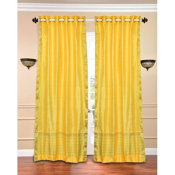 Lined Ring Top Sari Curtains 60"W x 63"L matching tiebacks- Handcrafted Yellow Indian Drapes with Lining, Offering Privacy and Insulation for Living Room/Bedroom/Dining Room, Sold in Pairs