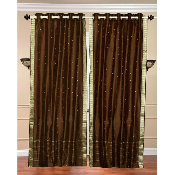 Lined Ring Top Sari Curtains 80" W X 120" L matching tiebacks- Handcrafted Brown Indian Drapes with Lining, Offering Privacy and Insulation for Living Room/Bedroom/Dining Room, Sold in Pairs