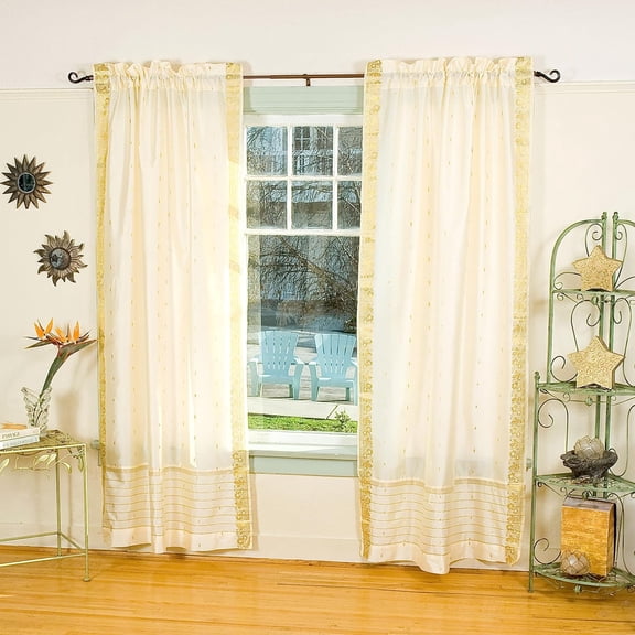 Lined Rod Pocket Sari Curtain 60"W X 108"L- Matching Tiebacks Handcrafted Cream Indian Drapes with Lining, Offering Privacy and Insulation, for Living room/Bedroom/Dining room, Sold in Pairs