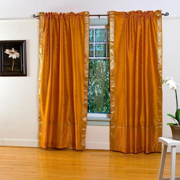 Lined-Mustard Yellow Rod Pocket Sheer Sari Curtain / Drape -43W x 120L-Piece