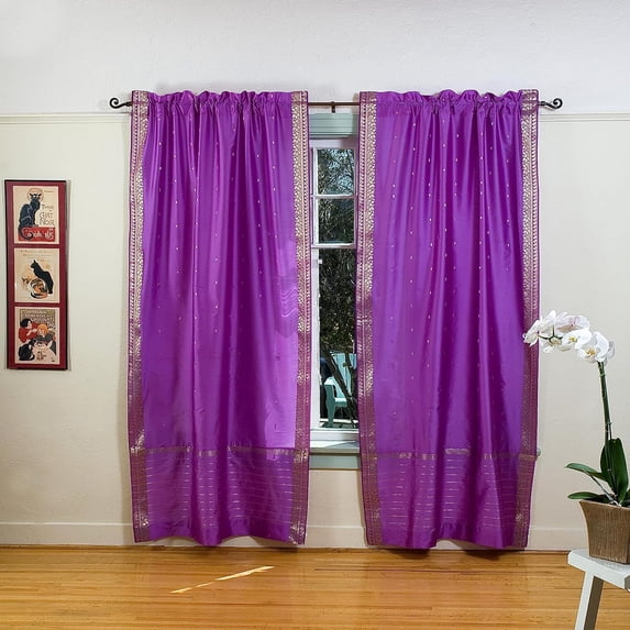 Lined Rod Pocket Sari Curtains 43" W x 36" L matching tieback Handcrafted Lavender Indian Drapes with Lining Offering Privacy and Insulation Perfect for Living/Bedroom/Dining Room Sold in Pair