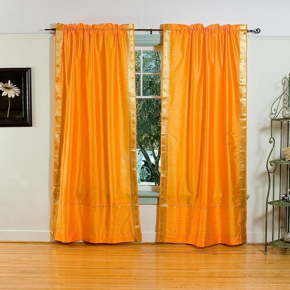 Lined Rod Pocket Sari Curtains 80" W x 108" L matching tieback Handcrafted pumpkin Indian Drapes with Lining Offering Privacy and Insulation Perfect for Living/Bedroom/Dining Room Sold in Pair